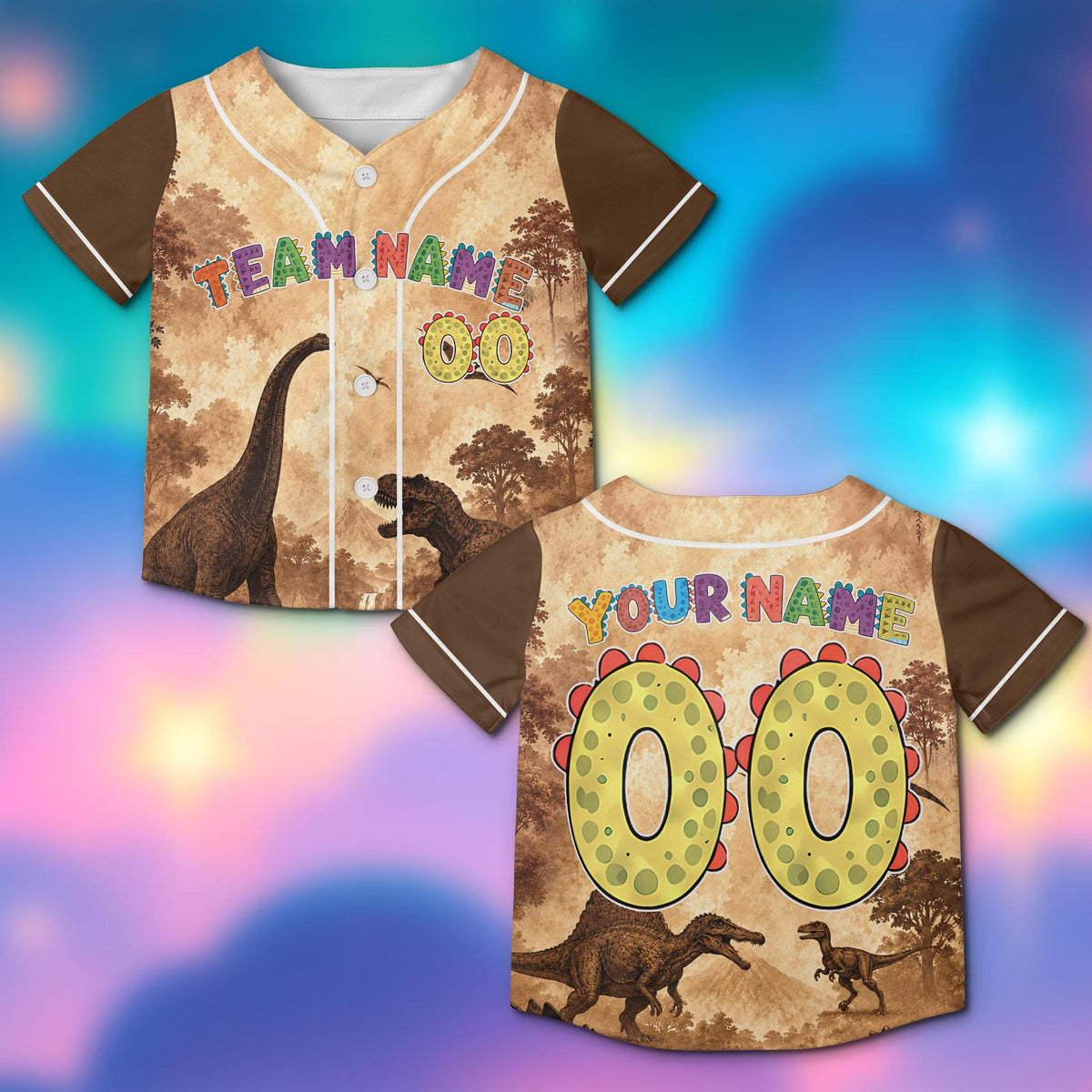Front view of the brown-accented personalized dinosaur baseball jersey
