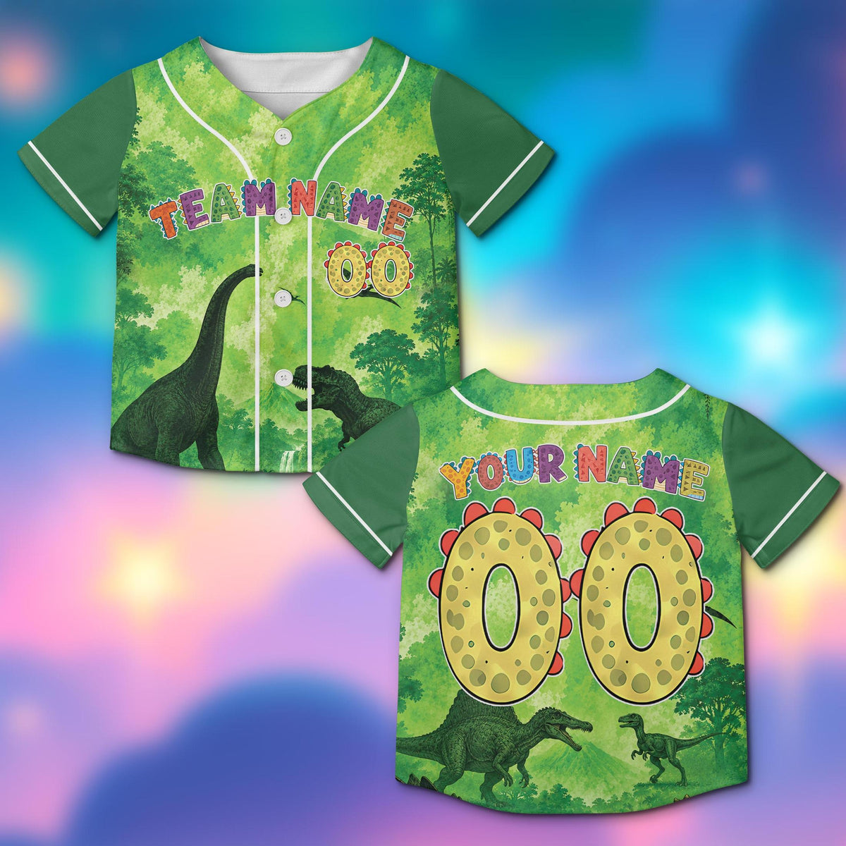 Personalized green dinosaur baseball jersey featuring a prehistoric landscape and custom name and number