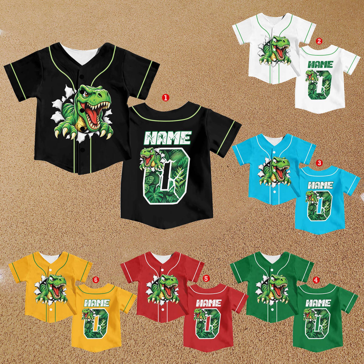Multicolor dinosaur baseball jersey, angled view