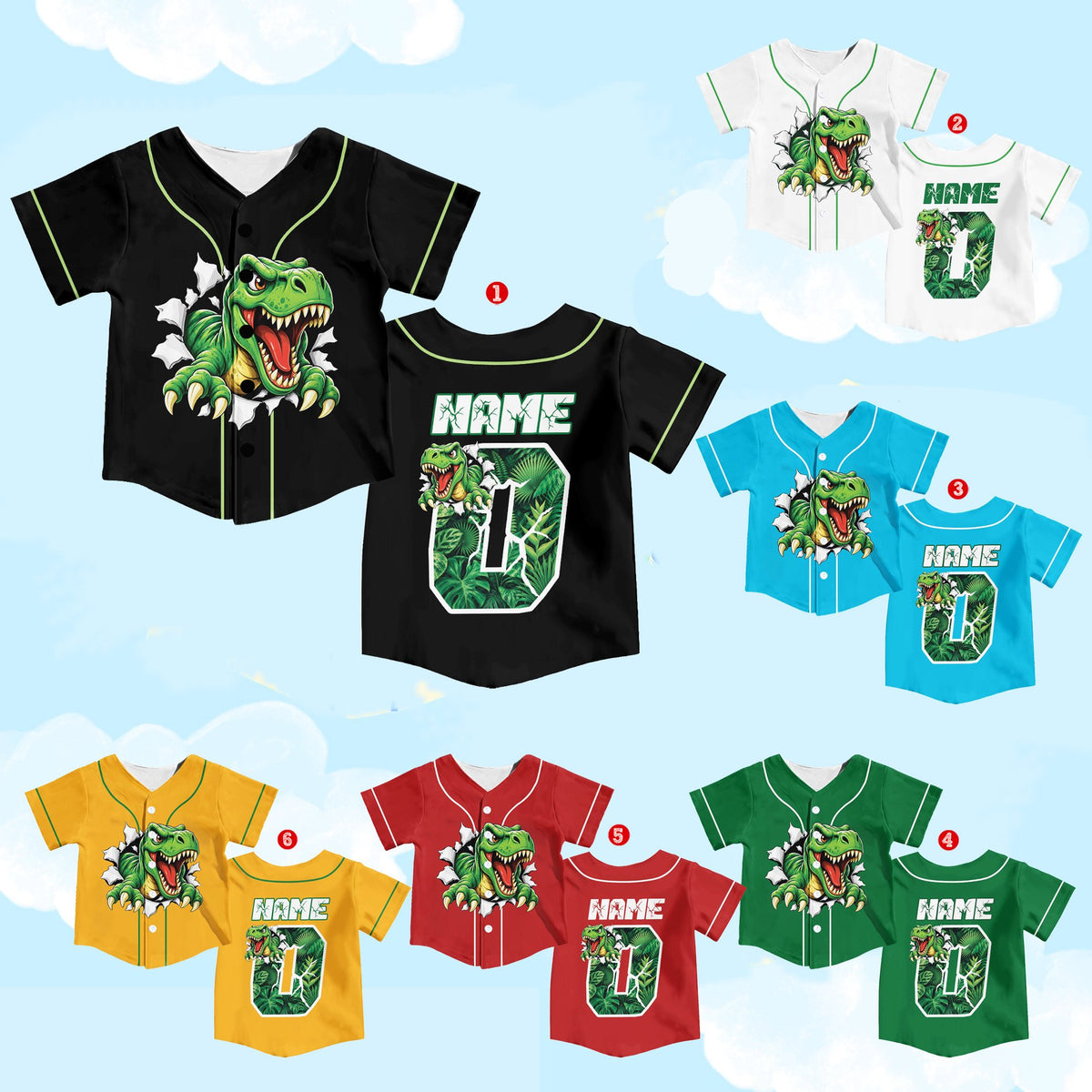 Close up detail of the multicolor dinosaur baseball jersey