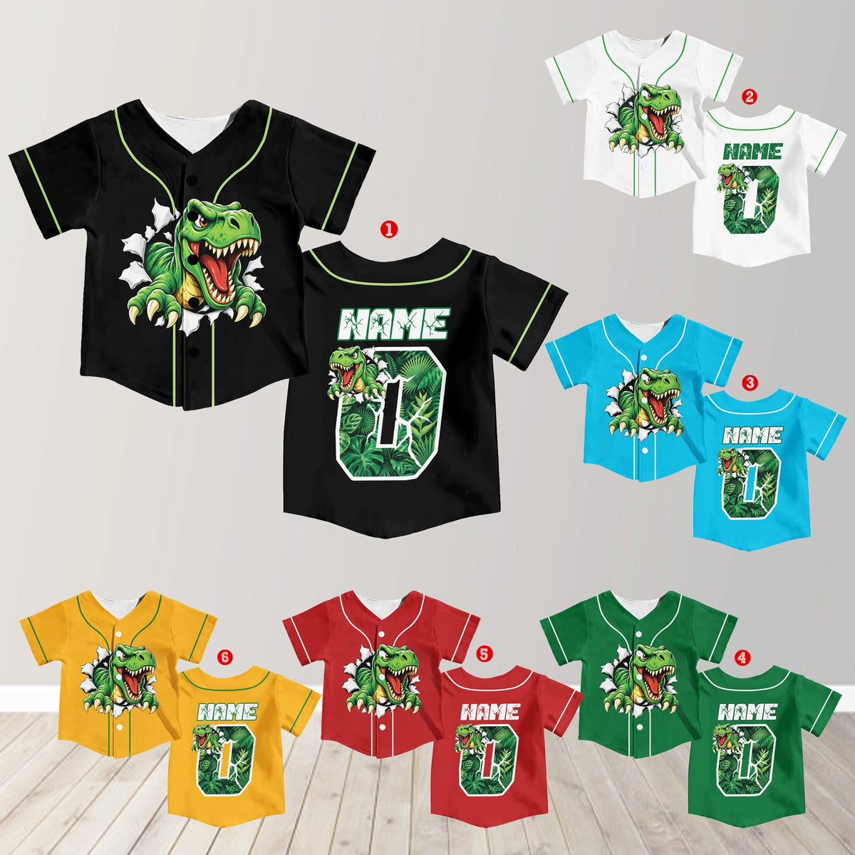 Multicolor dinosaur baseball jersey, front view