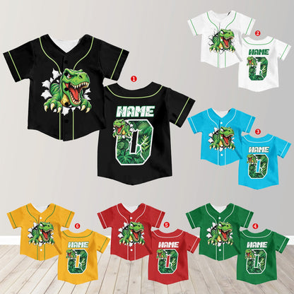 Multicolor dinosaur baseball jersey, front view