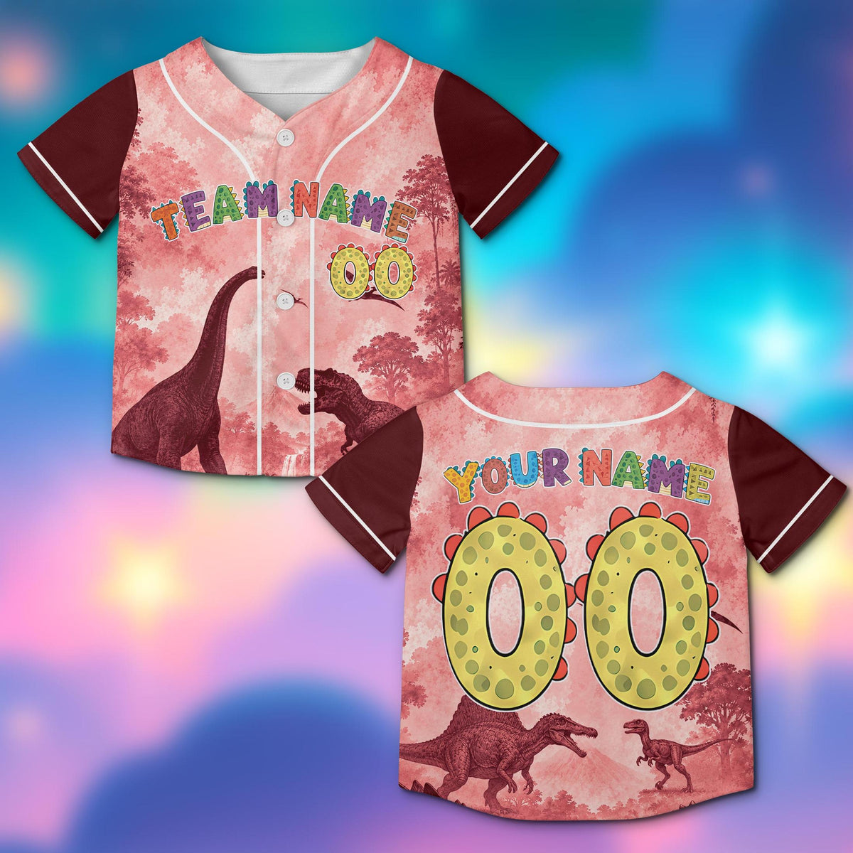 Front view of the pink-accented custom dinosaur baseball jersey
