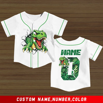 Personalized white dinosaur baseball jersey, front view