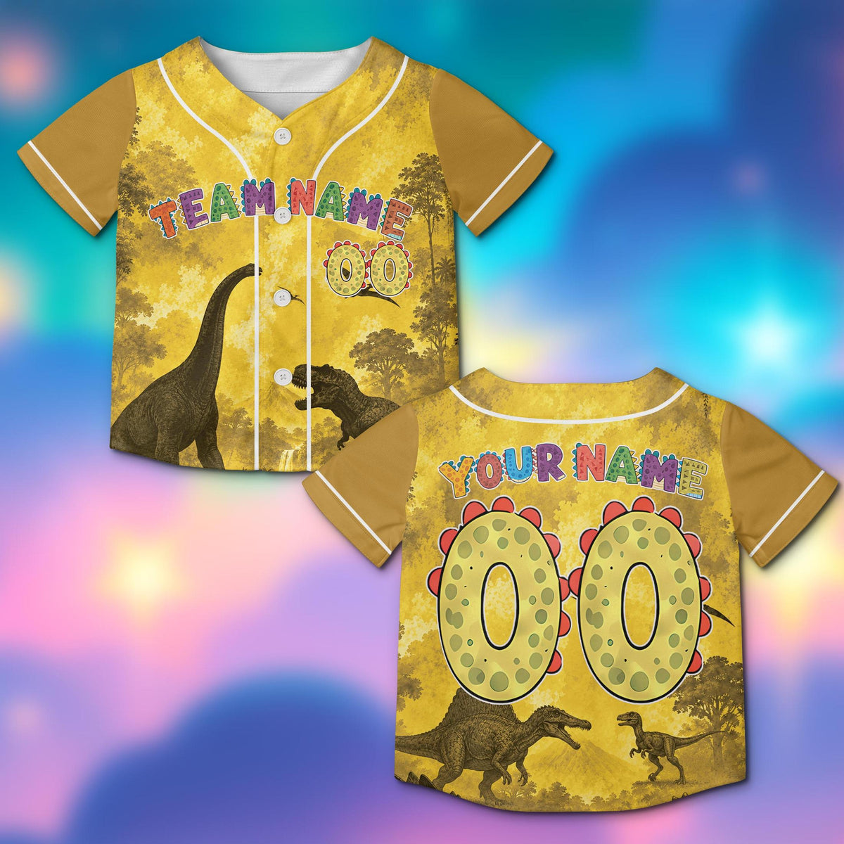 Front view of the yellow-accented dinosaur baseball jersey