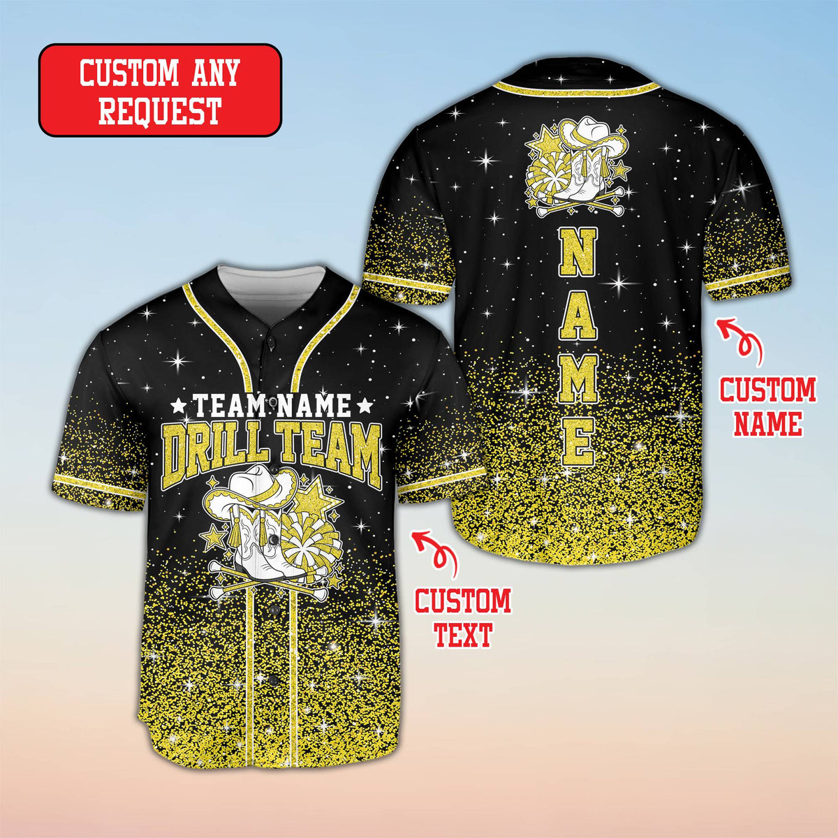 Alternate front view of the black drill baseball jersey showing the drill team design