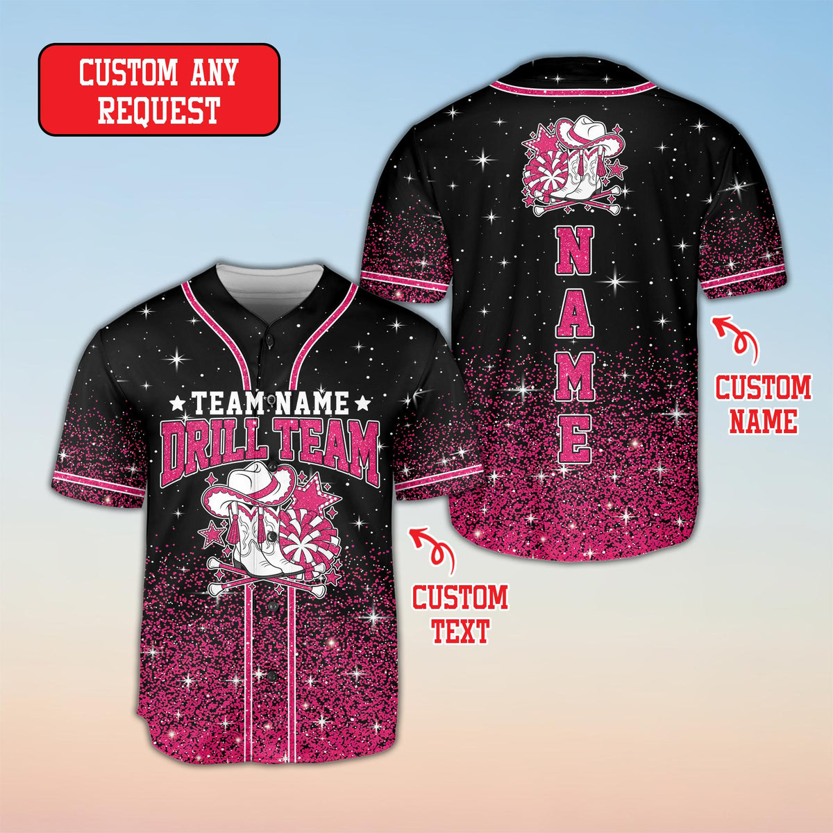 Main view of the black drill baseball jersey featuring a faux glitter pattern and custom name