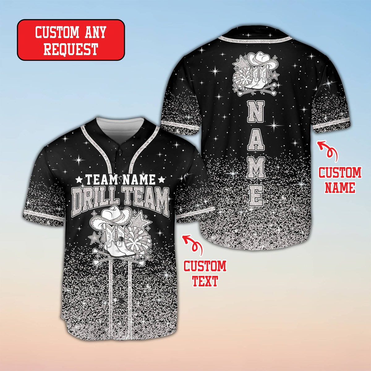 Front flat lay view of the custom baseball jersey with starry background