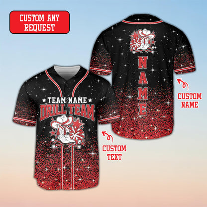 Detailed front view of the personalized drill team baseball jersey