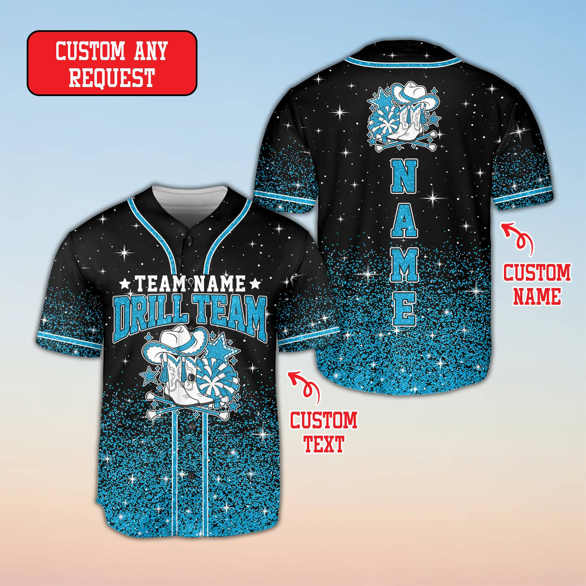Another front view showcasing the faux glitter print on the baseball jersey