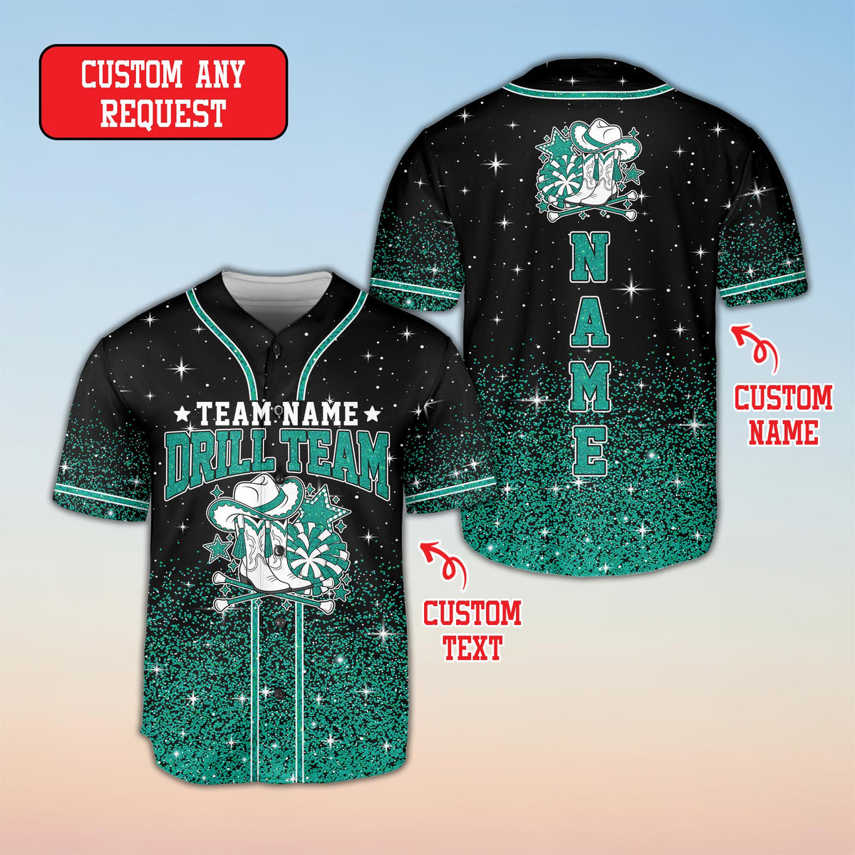 Front view detailing the button-down style of the black drill baseball jersey