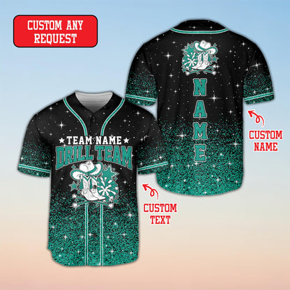 Front view detailing the button-down style of the black drill baseball jersey