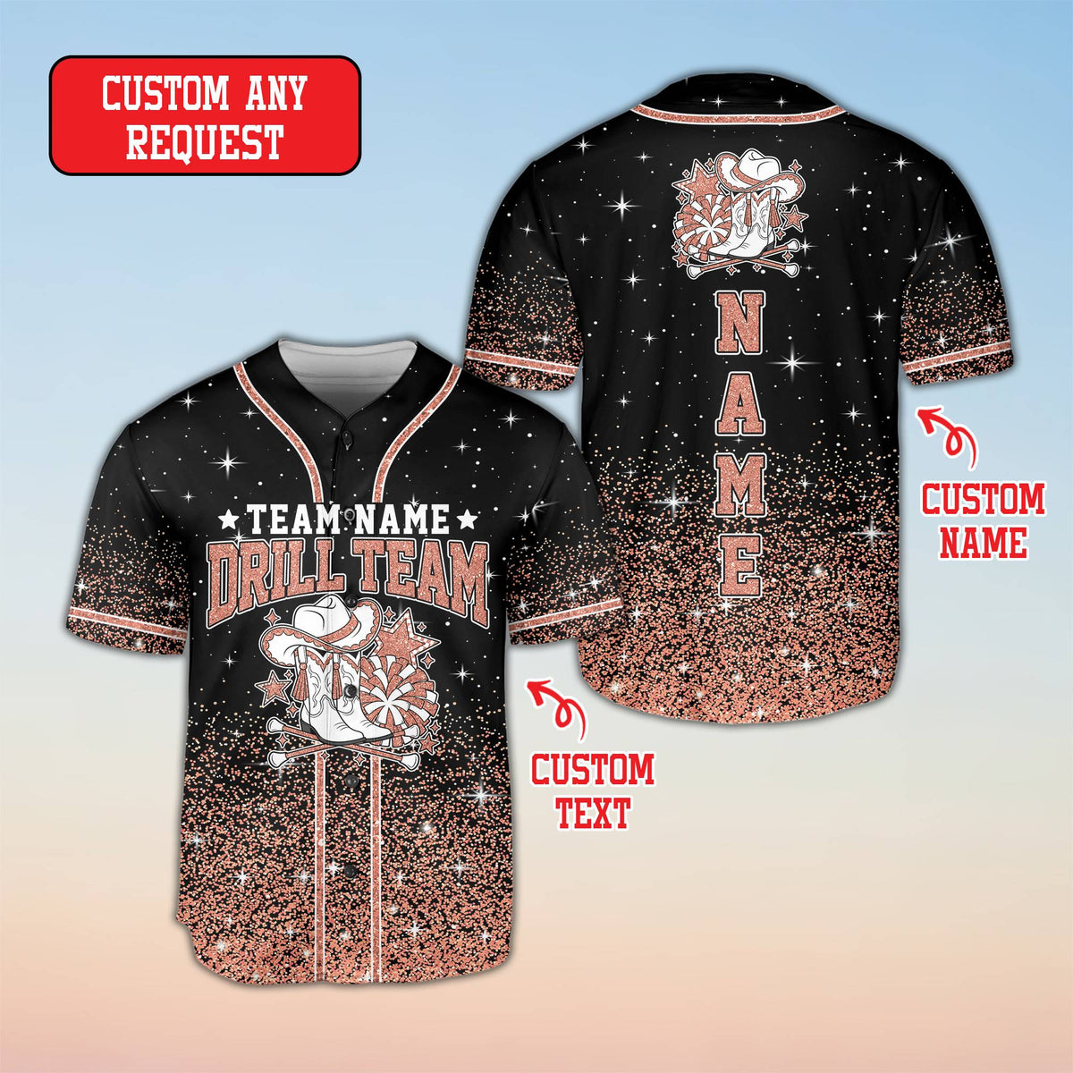 Close-up front view of the personalized black drill baseball jersey graphics