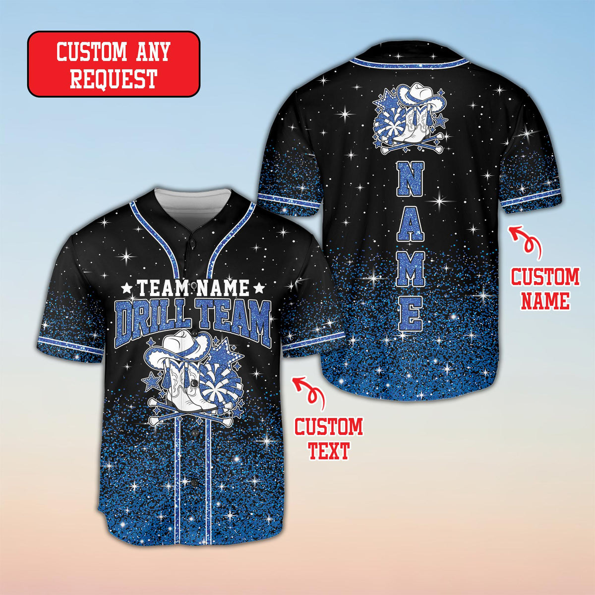 Front view of the drill team baseball jersey in blue colorway