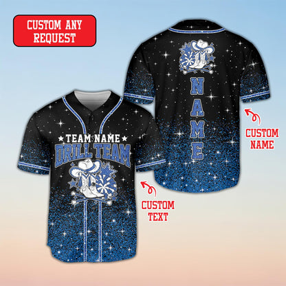 Front view of the drill team baseball jersey in blue colorway