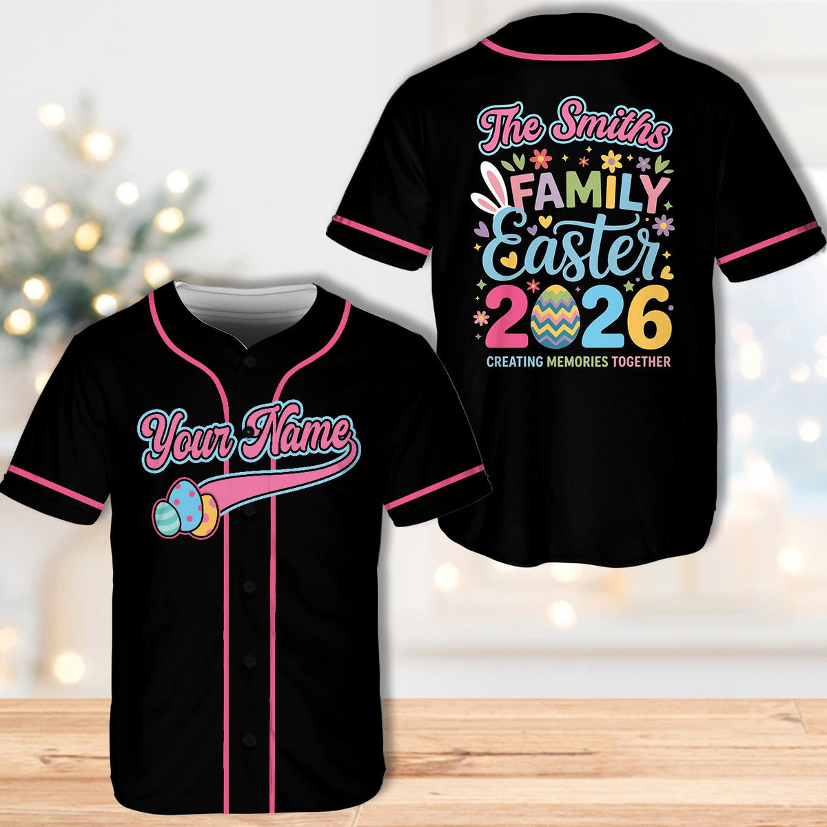 Personalized black easter baseball jersey, front detail view five