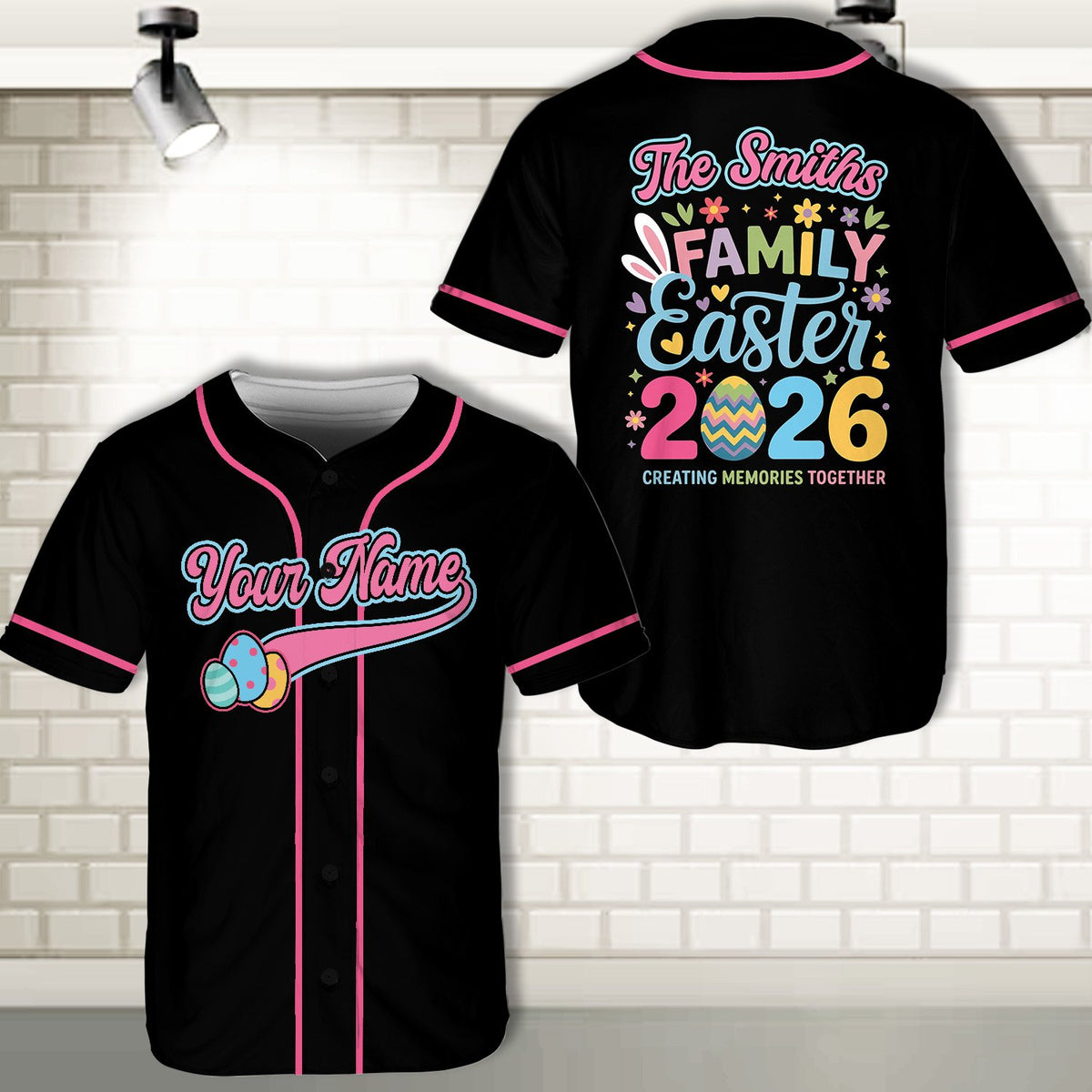 Custom text easter baseball jersey, front detail view six
