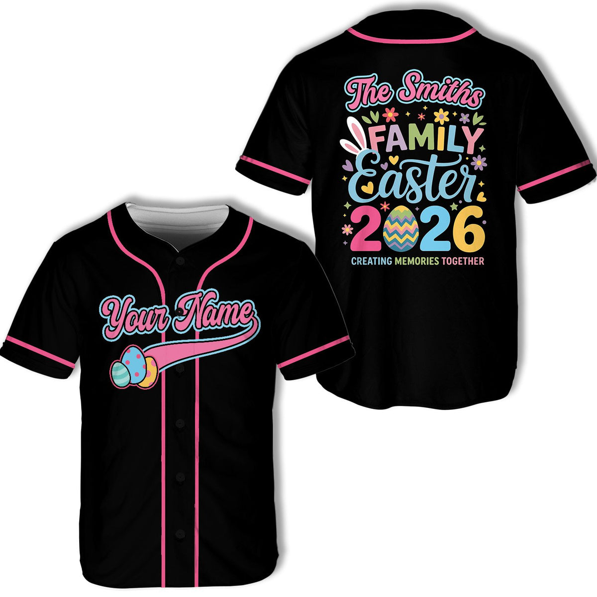 Black easter baseball jersey with personalized text and egg details, main view