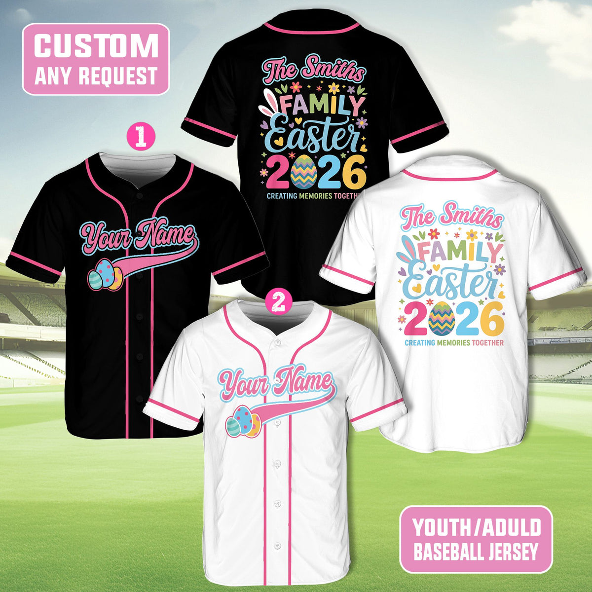 Custom baseball jersey with bunny ear design, front view two
