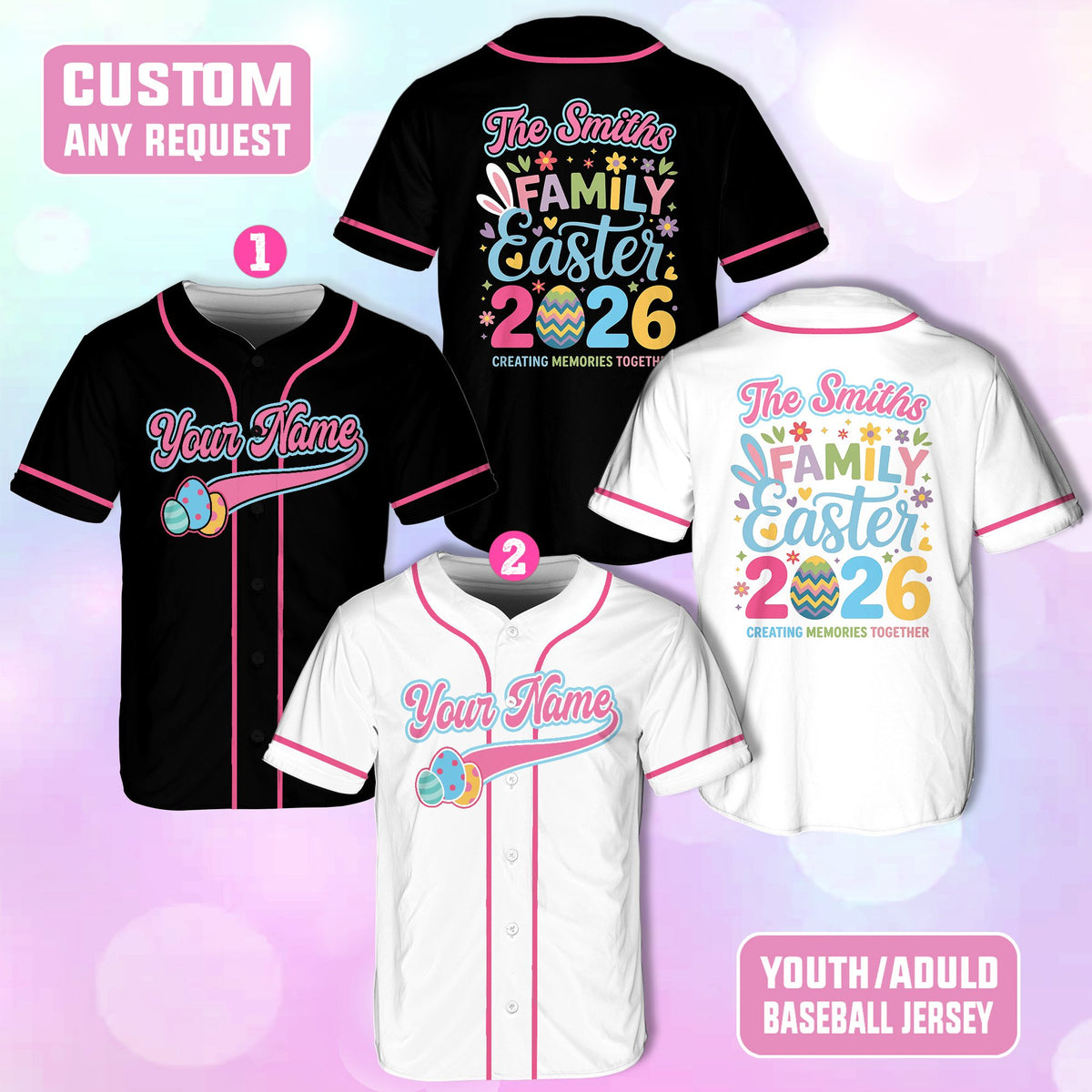 Easter baseball jersey with floral and egg graphics, front view three