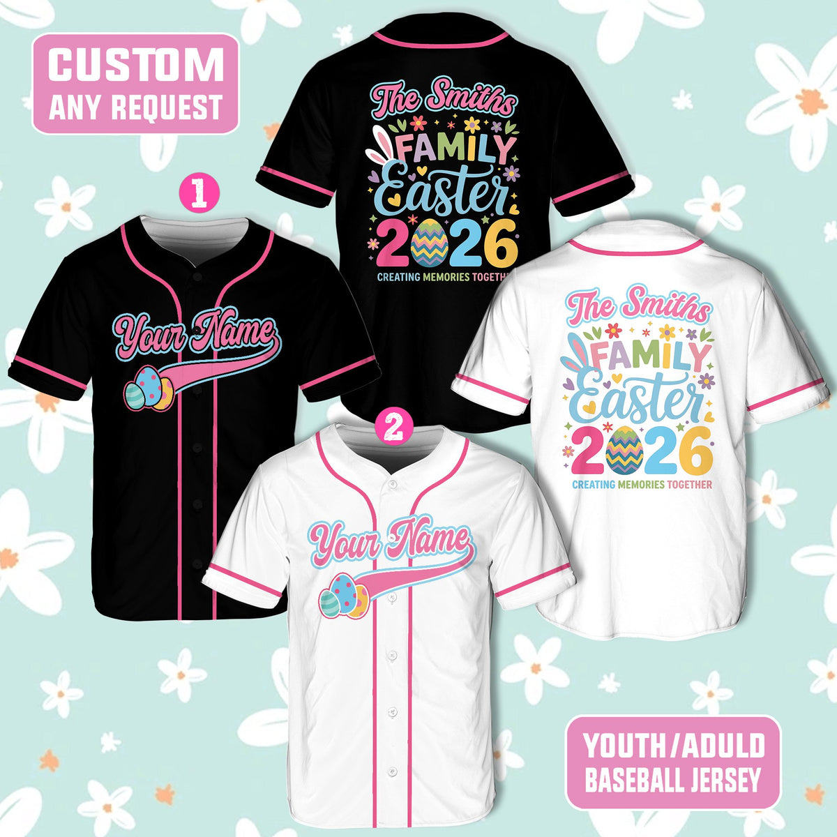 Black easter baseball jersey with custom family text, front view four