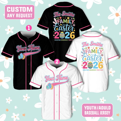 Black easter baseball jersey with custom family text, front view four