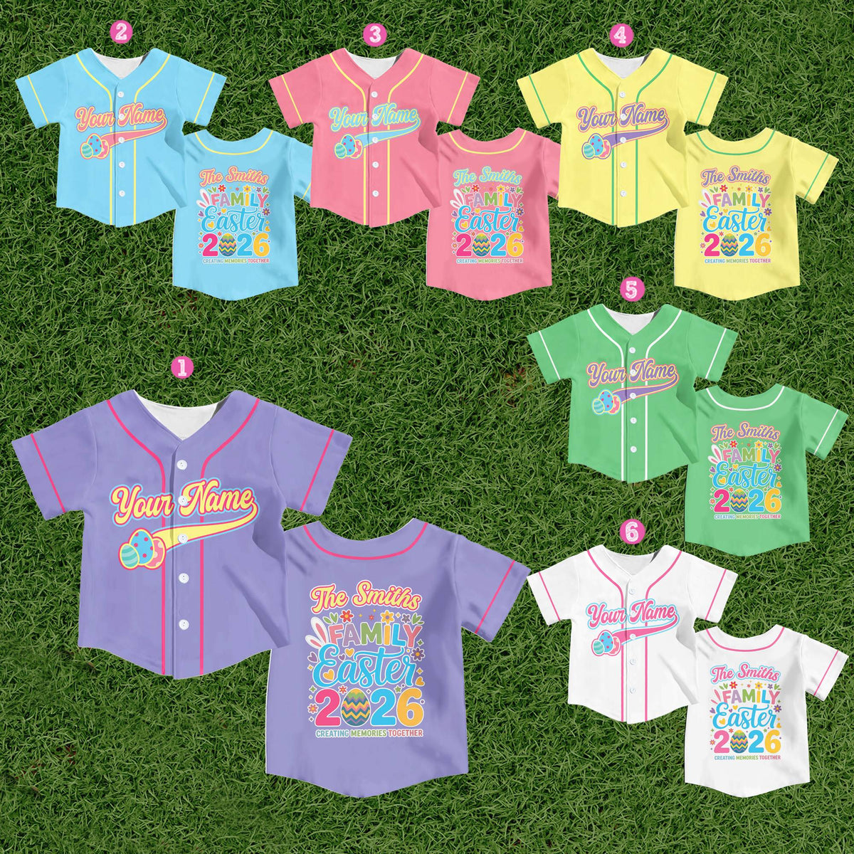 Front view of the Easter baseball jersey showing the pastel colored egg graphics