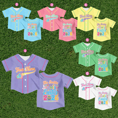 Front view of the Easter baseball jersey showing the pastel colored egg graphics