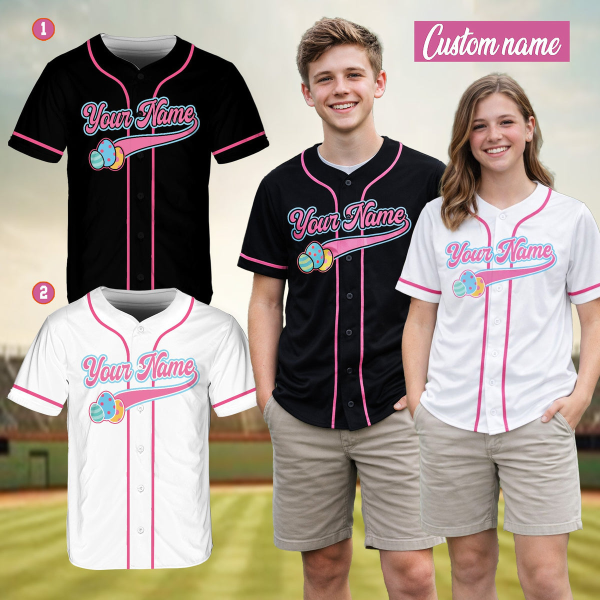 Lifestyle view of the personalized easter baseball jersey