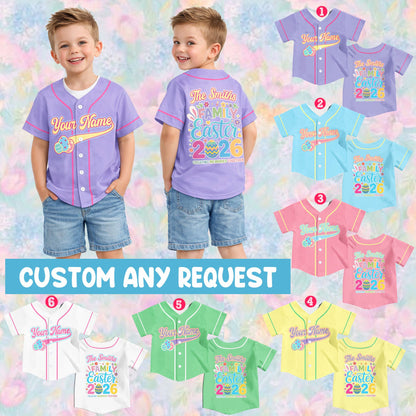 Third lifestyle view of the personalized purple easter baseball jersey