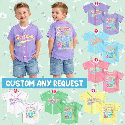 Lifestyle view of a person wearing the personalized Easter baseball jersey