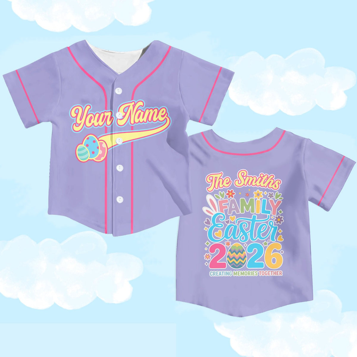 Another front view of the purple Easter baseball jersey