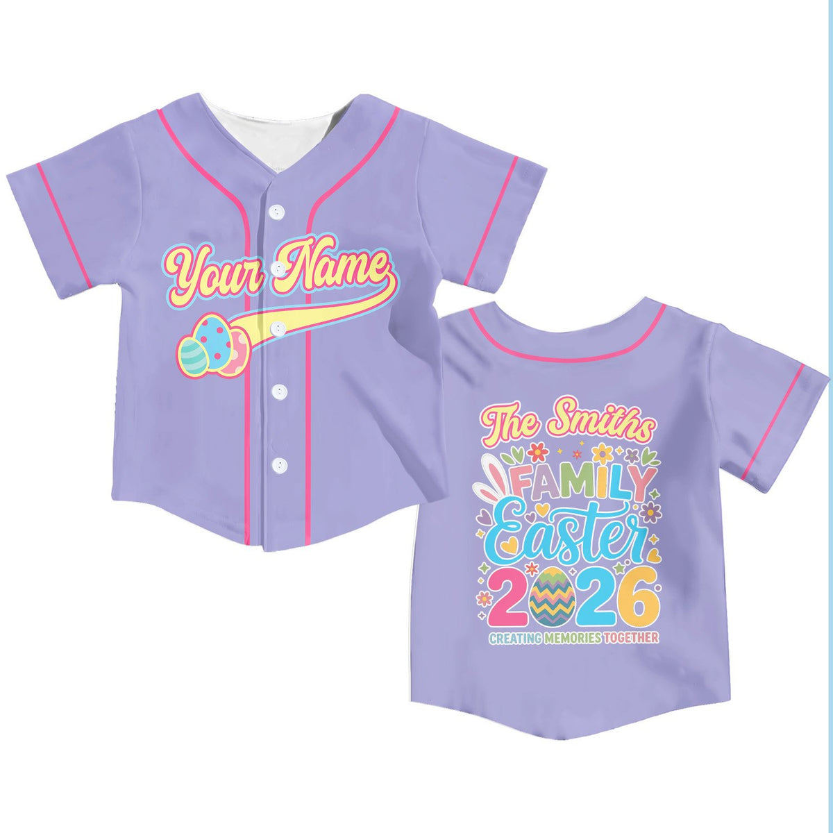 Front view of the personalized purple easter baseball jersey with custom name and pastel graphics