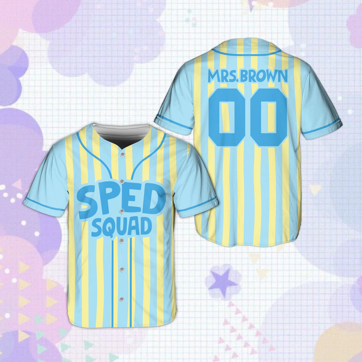 Blue education baseball jersey featuring SPED SQUAD, front view