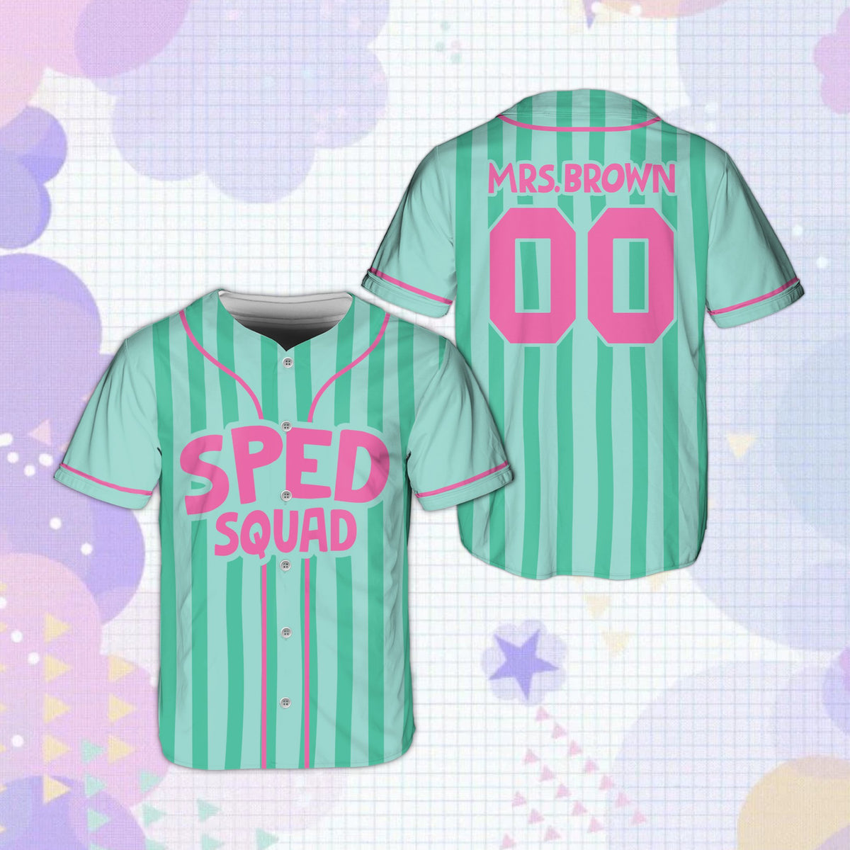 Green education baseball jersey featuring SPED SQUAD, front view