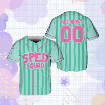 Green education baseball jersey featuring SPED SQUAD, front view