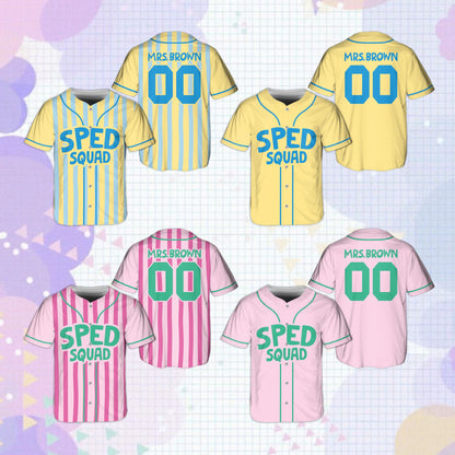 Multicolor pastel education baseball jersey featuring SPED SQUAD, front view 4