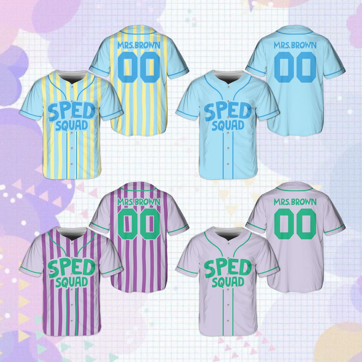 Multicolor pastel education baseball jersey featuring SPED SQUAD, front view 5