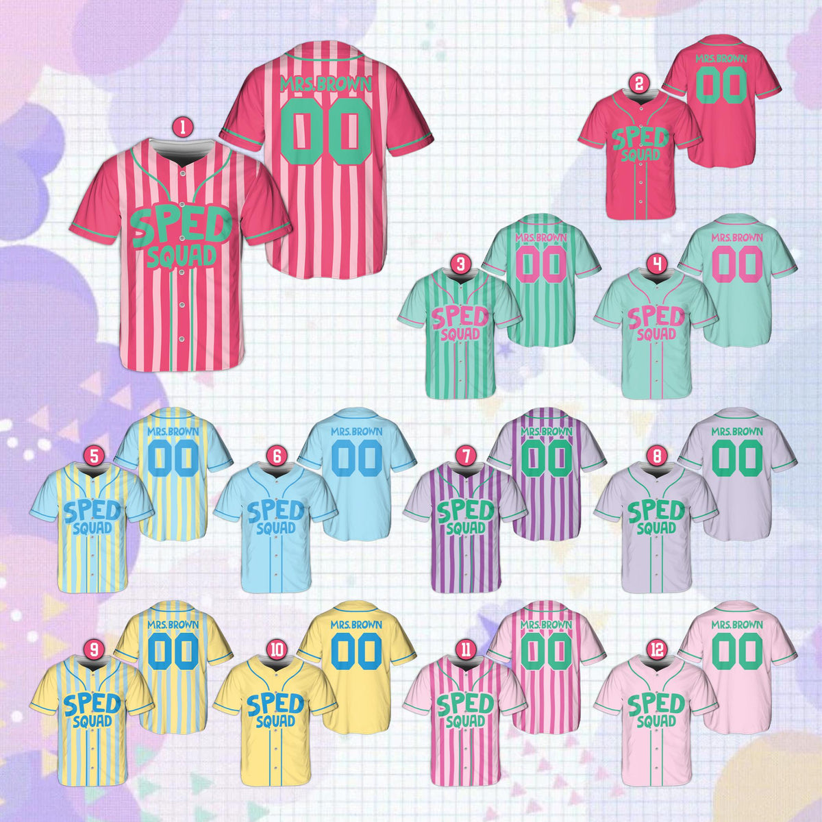 Multicolor pastel education baseball jersey featuring SPED SQUAD, front view 6
