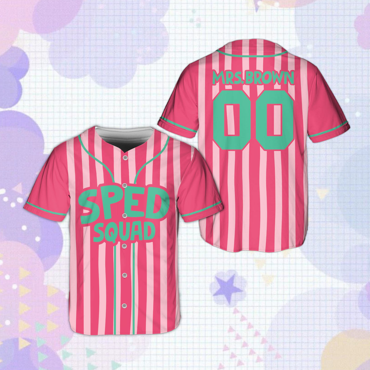 Pink education baseball jersey featuring SPED SQUAD and custom name, main view