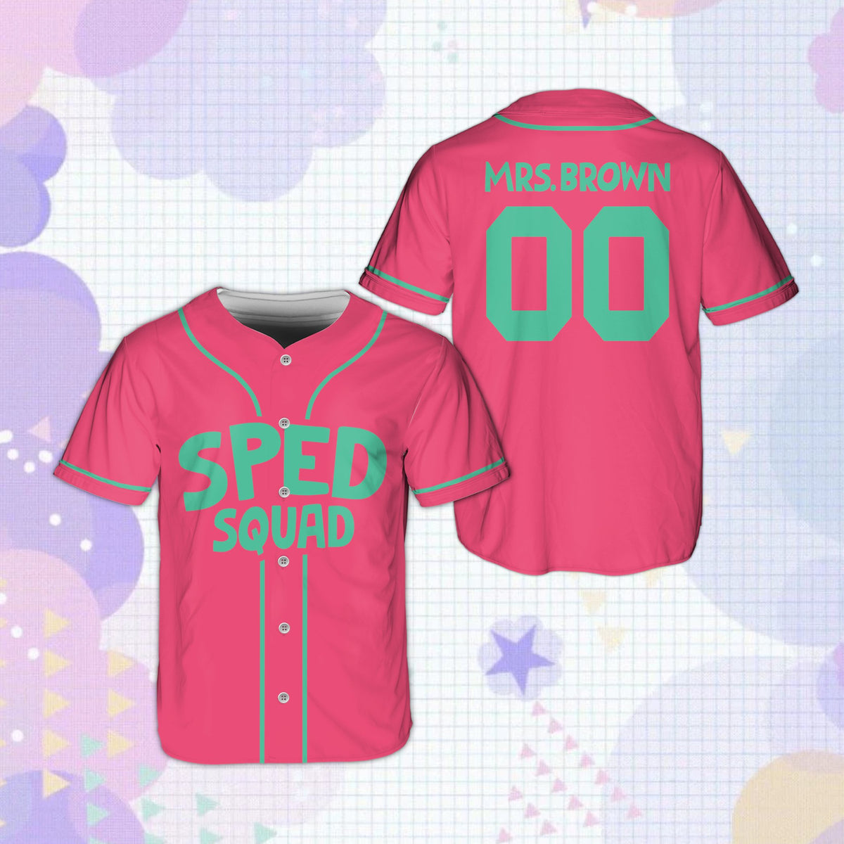 Pink education baseball jersey featuring SPED SQUAD, alternate front view
