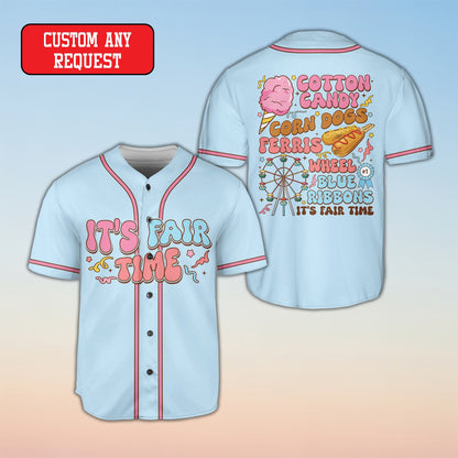 Blue fair baseball jersey with custom text front view