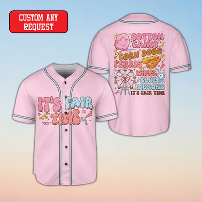 Pink fair baseball jersey with custom text front view
