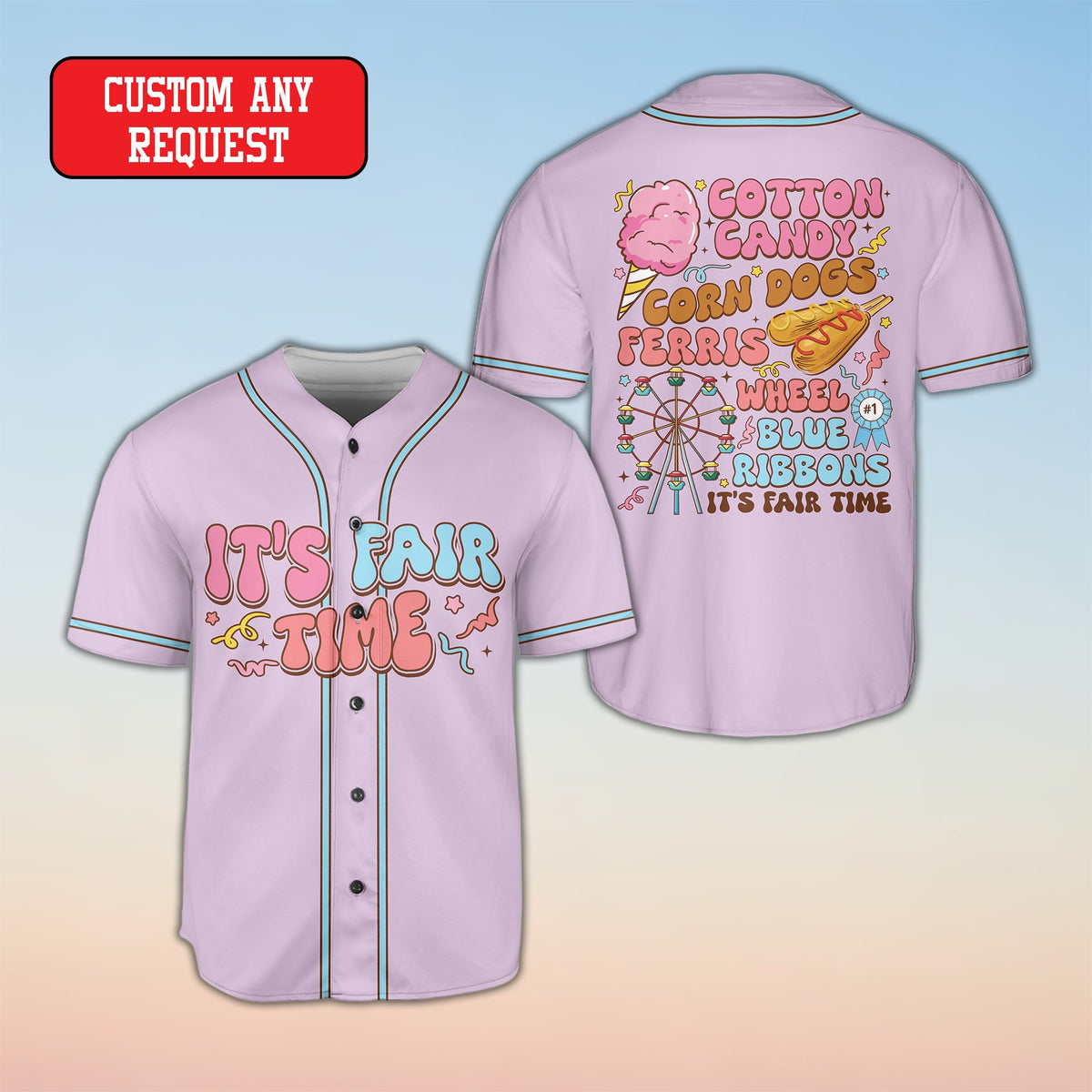 Purple fair baseball jersey with custom text front view