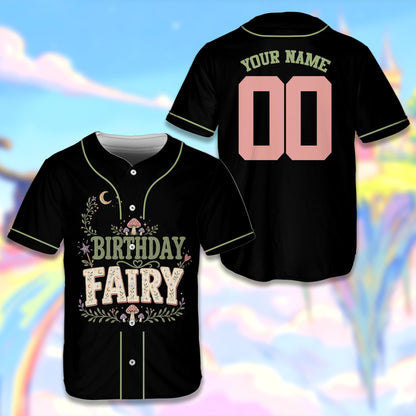 Front view of the personalized black fairy baseball jersey featuring a whimsical moon and mushroom design