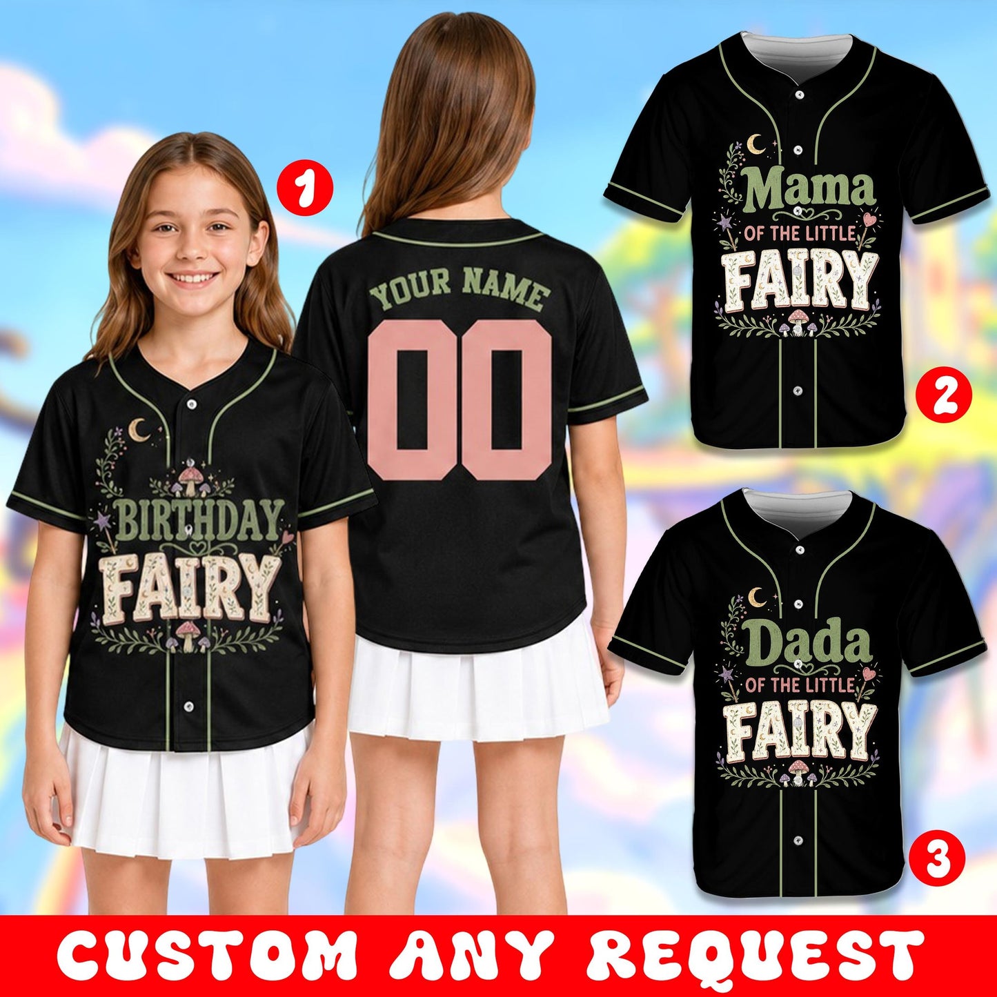 Side angle view of the black fairy baseball jersey showing custom text placement