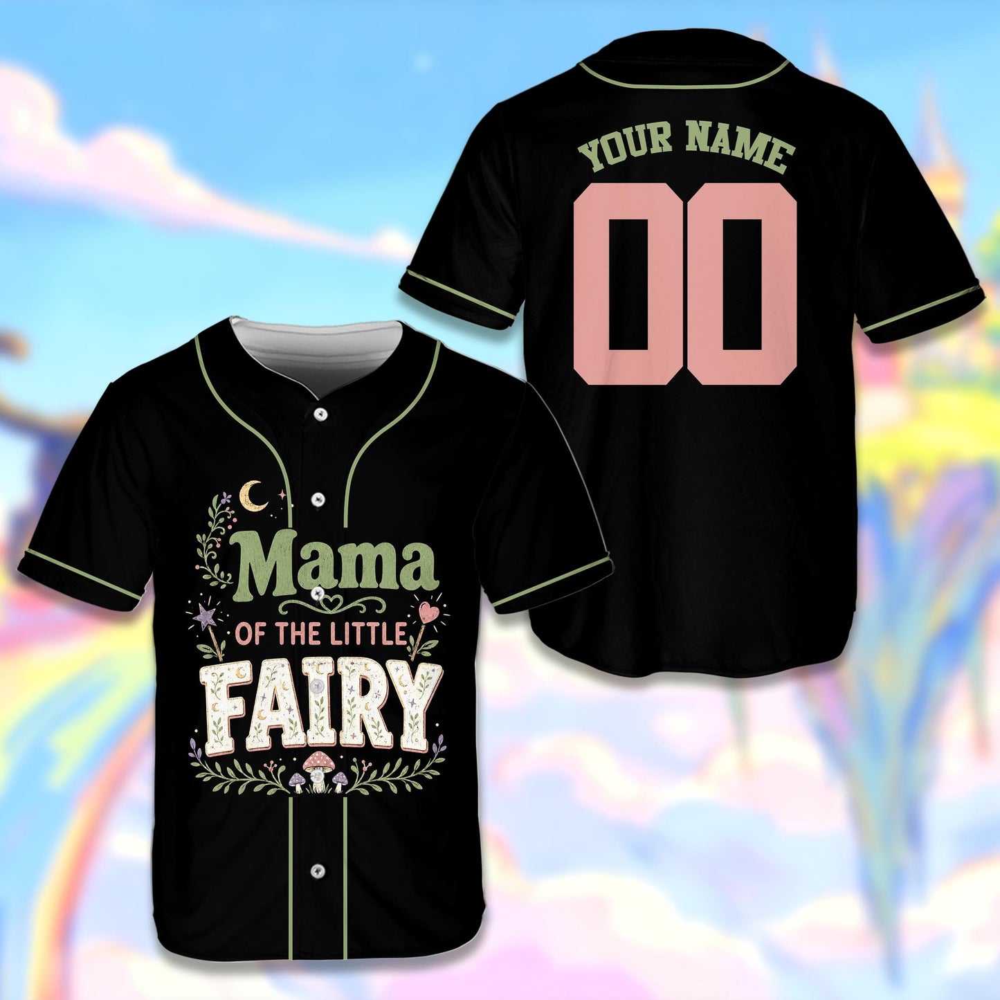Close-up of the fairy theme details on the personalized baseball jersey