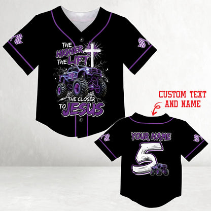 Detail view of the monster truck graphic on the black faith baseball jersey