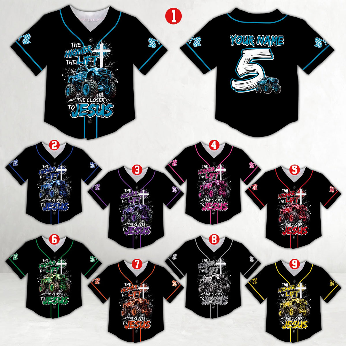 Front view of the faith and monster trucks baseball jersey with glowing cross design