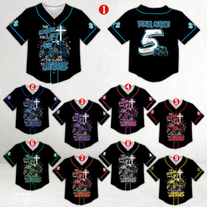 Front view of the faith and monster trucks baseball jersey with glowing cross design